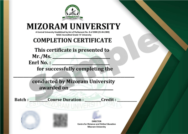 Mizoram University completion certificate.